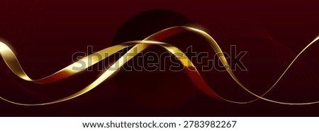 Luxurious gold ribbon wave border, abstract vector background with flowing curves, premium metallic texture. 3d deep red elegant award cover, invitation design with thin golden lines, reflected light