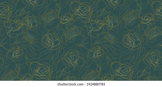 Luxurious gold and rose green vector background. Floral seamless pattern, golden plant line art. Modern vector illustration. For gift wrapping, textile, wallpaper, scrubbing, web page lights, fill