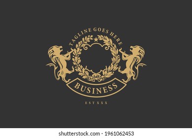 Luxurious Gold Royal Crest Logo With Circular Leaf Art And Flanked By Two Lions Beside