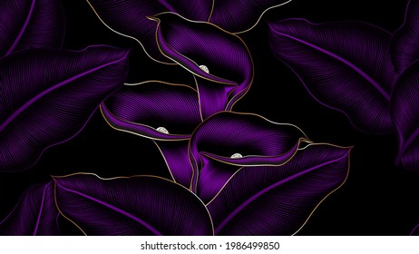 Luxurious Gold Seamless Pattern With Purple Calla Flowers And Exotic Tropical Leaves.