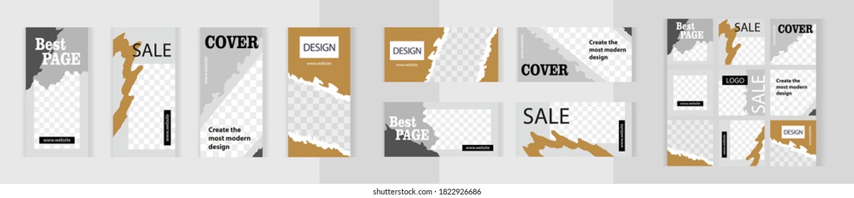 luxurious gold spots. Expensive design. Big set of vertical, horizontal and square templates for design of social networks, instagram story and print with windows for images.