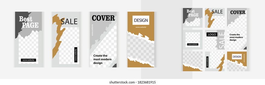luxurious gold spots. Expensive design. Set of vertical and square banners for design of social networks, instagram story and print with windows for images. 