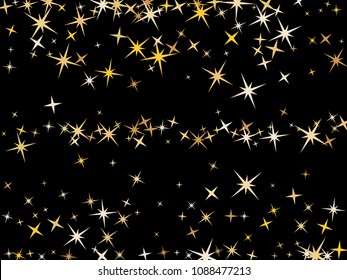 Luxurious gold star dust sparkle vector background. Glitter confetti, shining sparkles pattern design on black. Glittering gold stars vector, tinsel lights background. Poster backdrop.