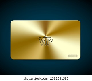 A luxurious gold VIP card featuring a sleek design with a luminous finish, barcode and place for yout content. The gold color and VIP label emphasize luxury and exclusivity twice.