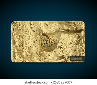 A luxurious gold VIP card featuring a sleek design with a luminous finish, barcode and place for yout content. The gold color and VIP label emphasize luxury and exclusivity twice.