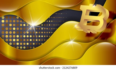 Papel de oro de lujo con efecto 3D. Signo volumétrico de bitcoin sobre el fondo de formas onduladas superpuestas, una matriz de círculos, resaltados y resplandores. Vector. 