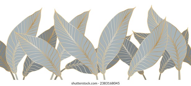 Luxurious gold wallpaper in art deco style. Botanical pattern with golden leaves, Philodendron with monstera plant lines, design for print, decor, interior, fabric.	