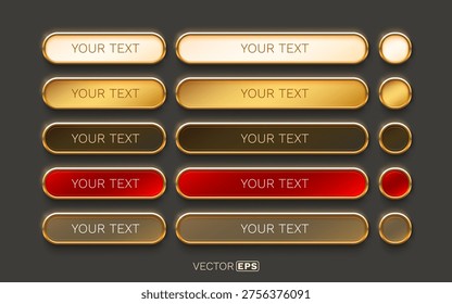 Luxurious gold web buttons and circle icons template, ideal for modern UI design projects. Vector illustration.