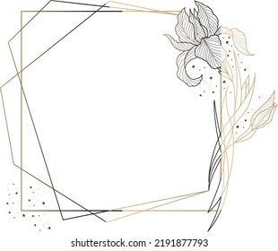 
Luxurious Gold Wedding Invitation, save the date, thank you, rsvp card Design template. Vector. Iris flower, golden line, blue background. 