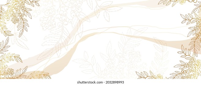 Luxurious golden autumn wallpaper with rowan on a white background. Shiny branch of mountain ash. Modern art mural wallpaper. Vector illustration.