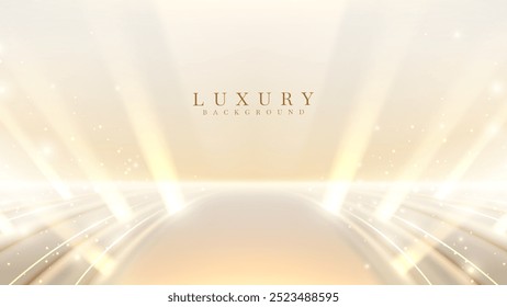 Fundo dourado luxuoso com feixes de luz e partículas cintilantes com efeitos de bokeh, ideal para cerimônias de premiação, promoções de eventos e elegantes projetos de palco.