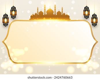 luxurious golden border Islamic ramadan kareem eid mubarak arabic arch luxury frame with mosque background banner design. Translation. "Muslim fasting month and celebration day after fasting."