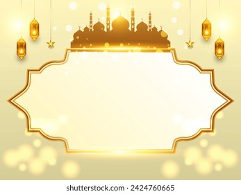 luxurious golden border Islamic ramadan kareem eid mubarak arabic arch frame with mosque background banner text box design. Translation. "Muslim fasting month and celebration day after fasting."