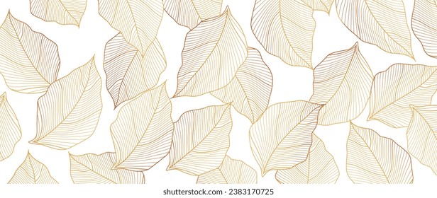 Luxurious golden botanical nature background. Floral pattern, golden bananas, palm trees, exotic flowers, line illustration. Design for print, wall decor, packaging, invitations