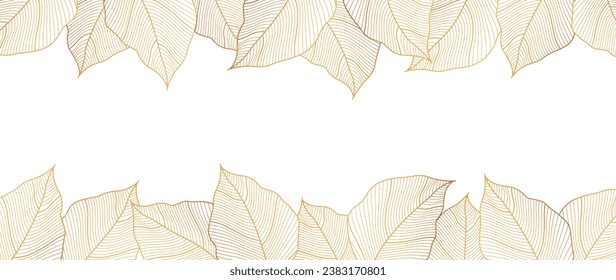 Luxurious golden botanical nature background. Floral pattern, golden bananas, palm trees, exotic flowers, line illustration. Design for print, wall decor, packaging, invitations