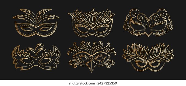 Luxurious golden carnival masks on a black background, collection. Icons, templates, holiday decor elements, vector