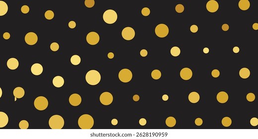 Luxurious Golden Confetti Showering Across a Deep Black Background: Scatter gradient with gold confetti on dark backdrop. Glamour falling glitter. New year wallpaper .brochure template. Cover texture