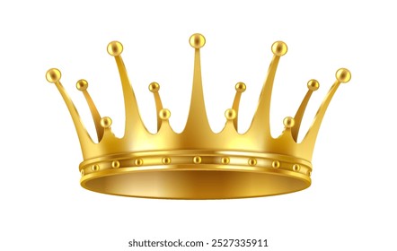 Luxurious golden crown with sharp spikes realistic vector illustration. Royal jewelry shines symbolizing wealth 3d object on white background