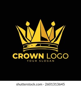 Luxurious Golden Crown Vector Logo: Detailed Illustration with Geometric Styling on a Black Background, Ideal for High-End Brands and Royal-Themed Businesses Seeking a Prestigious, Versatile.