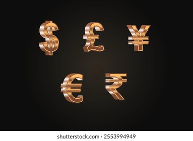 Luxurious Golden Currency Symbols Vector Illustration Featuring Dollar, Euro, Pound, Yen, and Rupee Signs