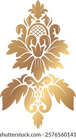 Luxurious golden damask floral ornament featuring a stunning gradient effect, exuding sophistication and elegance against a pristine white background, perfect for various design applications