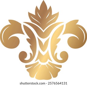 Luxurious golden emblem featuring an intricate floral motif with swirling leaves and a central symmetrical design, perfect for adding a touch of elegance to any decorative project