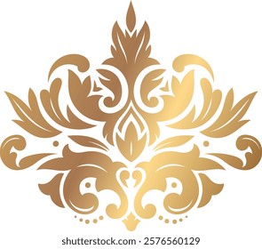 Luxurious golden floral damask element decorating a white background, creating a sophisticated and elegant design with intricate details and a touch of luxury for various design projects