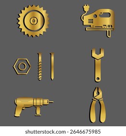 Um luxuoso conjunto de ícone dourado mostrando construção essencial e ferramentas DIY: uma lâmina de serra, serra, porca, parafuso, prego, chave inglesa, broca e alicate.