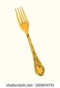 Luxurious golden jewel. Sticker with antique vintage fork. Metal cutlery or tableware with retro ornament. Design element for posters or banners. Cartoon flat vector illustration with beige background