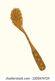 Luxurious golden jewel. Sticker with vintage antique spoon in shape of shell. Medieval or retro cutlery. Design element for social networks. Cartoon flat vector illustration with beige background