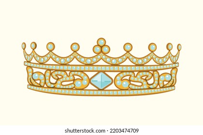 Luxurious Golden Jewelry. Sticker With Beautiful Crown Or Diadem For Princess Or Queen. Tiara With Diamonds. Design Element For Jewelry Store. Cartoon Flat Vector Illustration With Beige Background