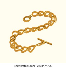 Luxuriöser Goldener Schmuck. Aufkleber mit wertvollem Armband oder Zubehör. Kurze Metallkette mit Klammer. Design-Element für Schmuckladen. Cartoon-FlachVektorgrafik auf beigem Hintergrund