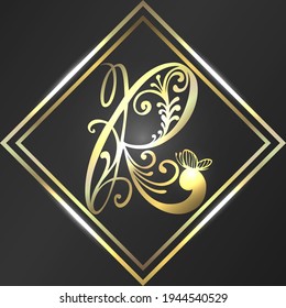 Luxurious golden letter R in vintage style on black background.