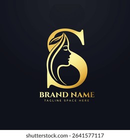 Luxurious golden letter S logo design featuring an elegant feminine face silhouette with leaf accents, perfect for beauty salon, spa, cosmetics, wellness, skincare, fashion, and premium branding.