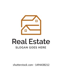 Luxurious Golden Line Art Twin House Real Estate Logo Design