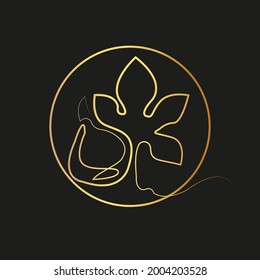 Luxurious golden line logo design with simple and modern fig shape in circle. Fresh fig icon. Fruit foliage label or logo. Sketch for printing, t-shirts, typography or menus. Label design