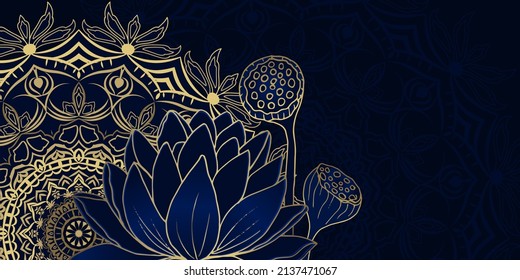 Luxurious golden mandala background with golden lotus pattern. Decorative mandala on a dark blue background. Mandala for print, poster, cover, brochure, flyer, banner. Vector illustration