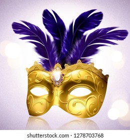 Luxurious golden mask with purple feather in 3d illustration on bokeh background