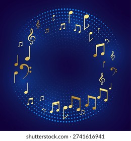 luxurious golden musical notes circular frame on deep blue dotted background vector