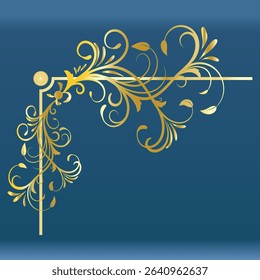 Luxurious golden ornamental corner design with floral swirls on a deep blue gradient background. Perfect for invitations, cards, and branding.