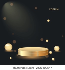 Luxurious golden podium stage with dramatic spotlight on dark backdrop. Ideal for product display, awards, winners presentation. Elegant and modern vector illustration. 10 eps