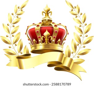 Luxurious golden royal crown adorned with rich red velvet, sparkling gemstones, and an elegant golden laurel wreath, framing a golden ribbon offering ample copy space for text