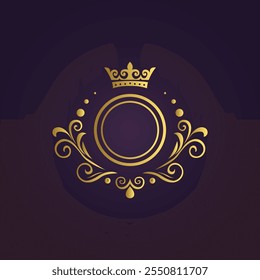 Luxurious golden royal emblem with crown and ornate swirls on a dark purple background