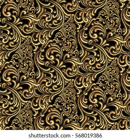luxurious Golden seamless pattern with vignette at antique style acanthus and elements baroque on a black background.