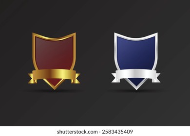 Luxurious golden and silver badge vector with ribbons and text space. Blank shield and badge element design with red and blue colors. Celebration or official badge vector on a dark background.