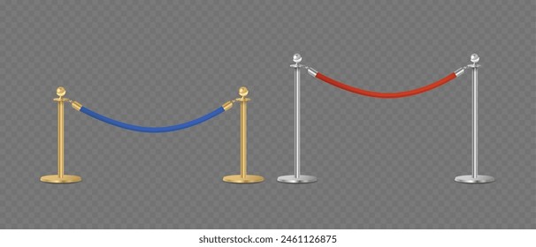 Luxurious Golden And Silver Stanchions Connected By Blue And Red Velvet Ropes. Isolated Realistic 3d Vector Metal Posts