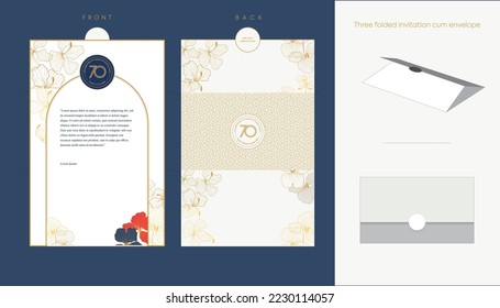 A luxurious golden three-folded Invite cum envelope design template for Invitation, Letter writing, greeting, etc. 