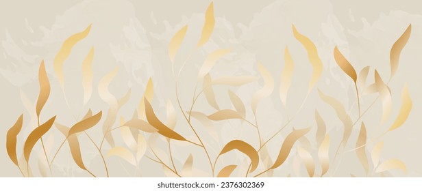 Luxurious golden tropical leaves on a coffee background. Vector botanical floral banner, background, golden color in art nouveau style hand drawn.	