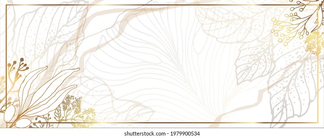 Luxurious golden wallpaper. Banner with flowers. White background. Watercolor stains. Gold leaves wall art with shiny light texture. Modern art mural wallpaper. Vector illustration.