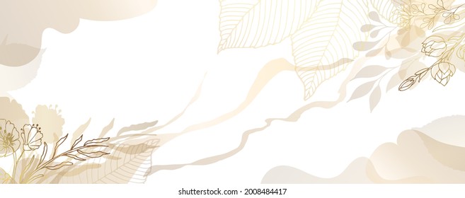 Luxurious golden wallpaper. Banner with flowers. Watercolor spots and stains on a white background. Shiny flowers and twigs. Vector file.